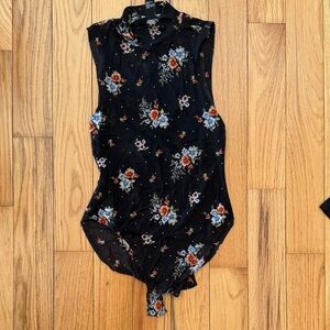 Sleeveless Black Floral Mock Neck Mesh Bodysuit